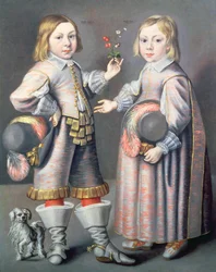 Portrait of a Boy Aged Four and a Girl Aged Three with a Small Dog
